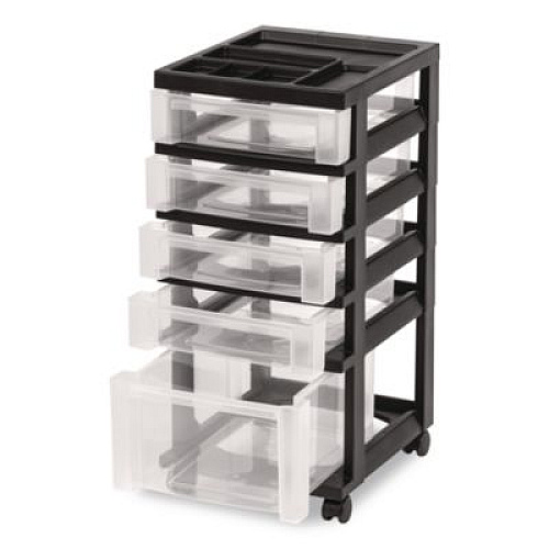 IRIS Five-Drawer Rolling Cart with Organizer Top, Plastic, 12.13 x 14.38 x 26.38, Clear/Black (270015116865)