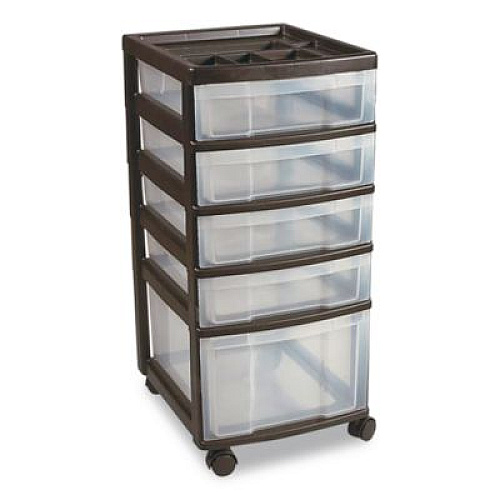 IRIS Five-Drawer Rolling Cart with Organizer Top, Plastic, 12.13 x 14.38 x 26.38, Clear/Black (270015116865)