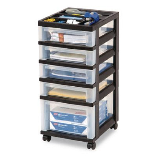 IRIS Five-Drawer Rolling Cart with Organizer Top, Plastic, 12.13 x 14.38 x 26.38, Clear/Black (270015116865)