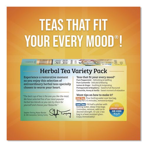 Caffeine-Free Herbal Tea Bags Variety Pack, Individually Wrapped, Four Flavors, 0.06 oz Tea Bag, 20/Box (TNA51788)