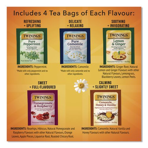 Caffeine-Free Herbal Tea Bags Variety Pack, Individually Wrapped, Four Flavors, 0.06 oz Tea Bag, 20/Box (TNA51788)