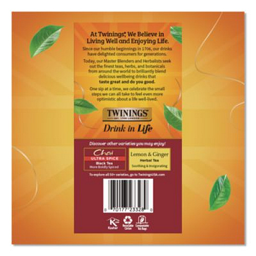 TWININGS Tea Bags, Chai Black Tea, 0.07 oz Tea Bag, 50/Box (TNA55503)