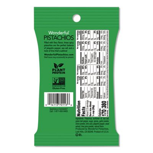 Paramount Farms Wonderful Pistachios, Jalapeno Lime, 2.25 oz Pouch, 8/Box (PAR70154)