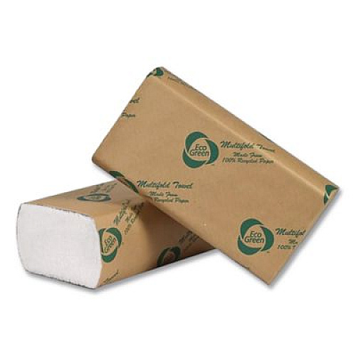 Eco Green Multi-Fold Recycled Paper Towels, 1-Ply, 9.25 x 9.5, Natural White, 250/Pack, 16 Packs/Carton (EN416)