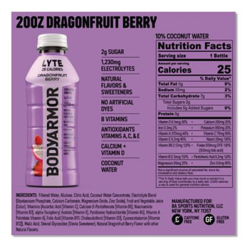 BodyArmor LYTE Sports Drink, Dragonfruit Berry, 16 oz Bottle, 12/Pack (411891)