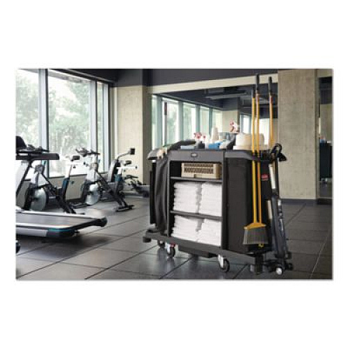 Rubbermaid Commercial Full Size Housekeeping Cart with Accessory Bundle, Resin, 3 Shelves, 2 Bins, 24.4 x 62.4 x 49, Black (2202527)