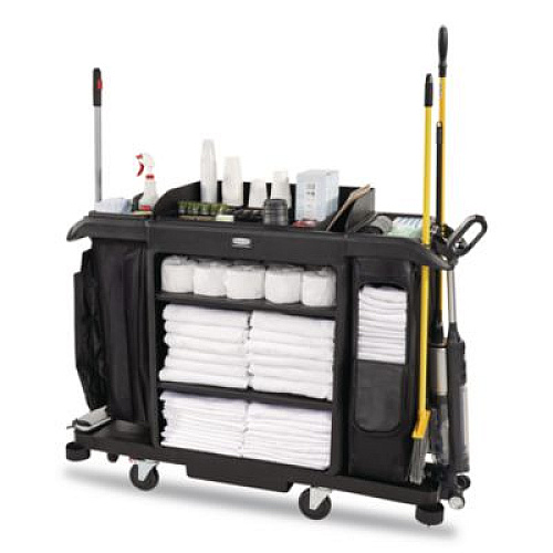 Rubbermaid Commercial Full Size Housekeeping Cart with Accessory Bundle, Resin, 3 Shelves, 2 Bins, 24.4 x 62.4 x 49, Black (2202527)
