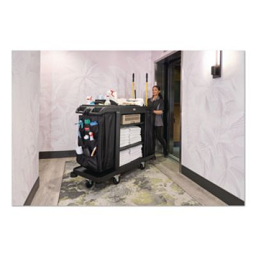 Rubbermaid Commercial Full Size Housekeeping Cart with Accessory Bundle, Resin, 3 Shelves, 2 Bins, 24.4 x 62.4 x 49, Black (2202527)