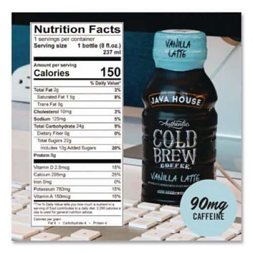 Java House Cold Brew Coffee, Vanilla Latte, 8 oz Bottle, 24/Carton (HFP01785)