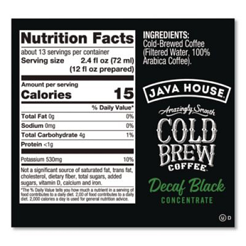 Java House Cold Brew Coffee Concentrate, Decaf Black, 32 oz Bottle (HFP01809)