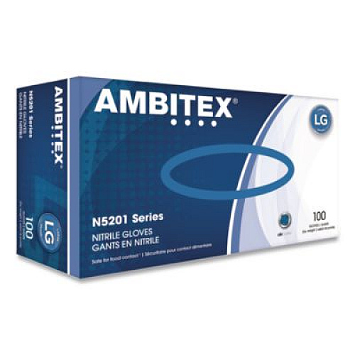 AMBITEX N5201 Series Powder-Free Nitrile Gloves, Large, 9" Long, Blue, 100/Box, 10 Boxes/Carton (NLG5201)