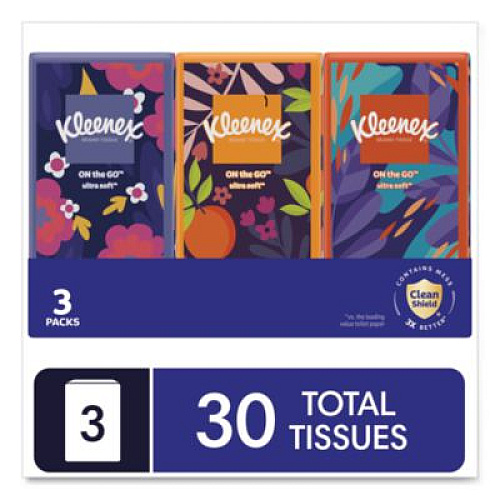 Kleenex On The Go Packs Facial Tissues, 3-Ply, White, 10 Sheets/Pouch, 3 Pouches/Pack, 36 Packs/Carton (11976)
