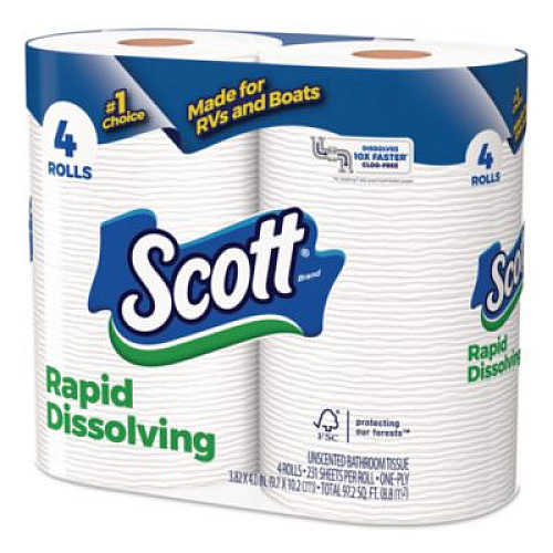 Scott Rapid-Dissolving Toilet Paper, Bath Tissue, Septic Safe, 1-Ply, White, 231 Sheets/Roll, 4 Rolls/Pack, 12 Packs/Carton (47617)