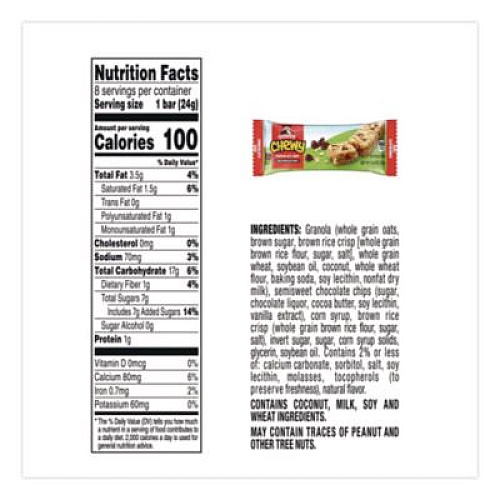 Quaker Granola Bars, Chewy Chocolate Chip, 0.84 oz Individually Wrapped, 8/Box (QUA31182)