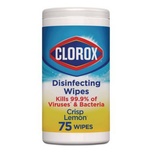 Clorox Disinfecting Wipes, Bleach Free Cleaning Wipes, 1-Ply, 7 x 7.75, Crisp Lemon, White, 75/Canister, 6 Canisters/Carton (01628)