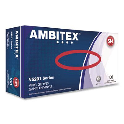 AMBITEX V5201 Series Powder-Free Vinyl Gloves, Small, 3 mil Thick, 9" Long, Clear, 100/Box, 10 Boxes/Carton (VSM5201)