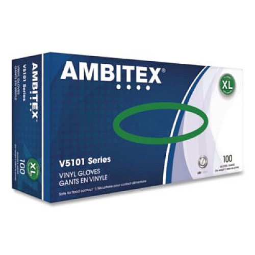 AMBITEX V5101 Series Latex-Free Lightly Powdered Vinyl Gloves, X-Large, 3 mil Thick, 9" Long, Clear, 100/Box, 10 Boxes/Carton (VXL5101)