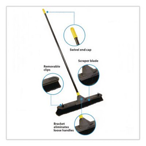 Quickie Bulldozer Smooth Surface Pushbroom with Scraper Block, 24 x 60, Powder Coated Handle, Tampico Bristles, Black/Yellow (633)