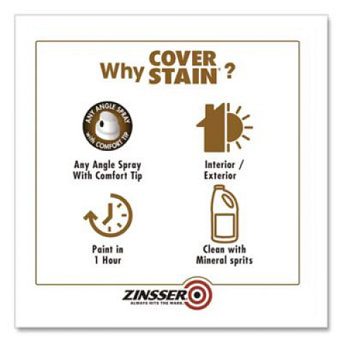 Zinsser Cover Stain Oil-Based Spray Primer, Interior/Exterior, Flat White, 13 oz Aerosol Can, 6/Carton (3608)