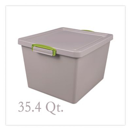 Really Useful Box 35.4 Qt. Latch Lid Storage Tote, 14.76" x 12.6" x 10.43", Dove Gray/Green (335RECYGREY)