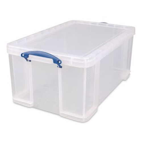 Really Useful Box Snap-Lid Storage Bin, 16.9 gal, 17.31" x 28" x 12.25", Clear/Blue (64CCB)