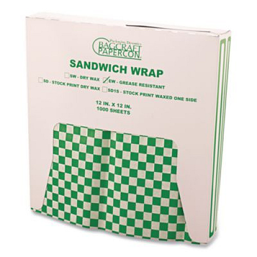 Bagcraft Grease-Resistant Paper Wraps and Liners, 12 x 12, Green Check, 1,000/Box, 5 Boxes/Carton (057950)