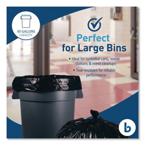 Boardwalk Reprocessed Resin Can Liners, 60 gal, 1.2 mil, 38 x 58, Black, 50 Bags/Carton (519E)