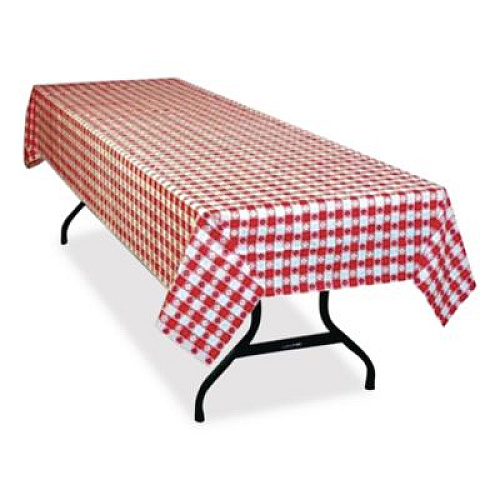 Tablemate Table Set Rectangular Table Covers, Heavyweight Plastic, 54" x 108", Plaid Red/White, 6/Pack (549RDG)