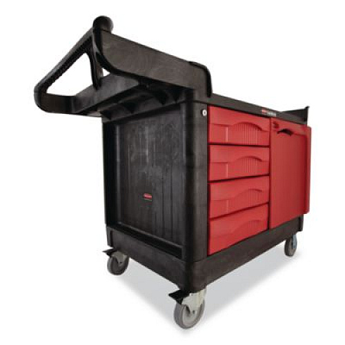Rubbermaid Commercial TradeMaster Cart with One Door, Plastic, 3 Shelves, 4 Drawers, 750 lb Capacity, 26.25" x 49" x 38", Black (453388BLA)