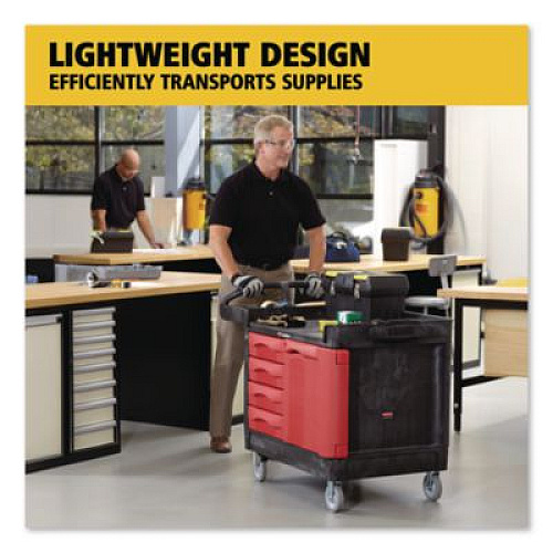 Rubbermaid Commercial TradeMaster Cart with One Door, Plastic, 3 Shelves, 4 Drawers, 750 lb Capacity, 26.25" x 49" x 38", Black (453388BLA)