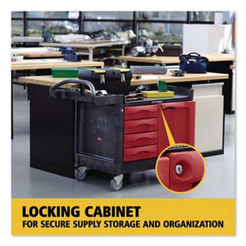 Rubbermaid Commercial TradeMaster Cart with One Door, Plastic, 3 Shelves, 4 Drawers, 750 lb Capacity, 26.25" x 49" x 38", Black (453388BLA)