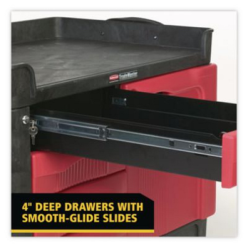Rubbermaid Commercial TradeMaster Cart with One Door, Plastic, 3 Shelves, 4 Drawers, 750 lb Capacity, 26.25" x 49" x 38", Black (453388BLA)