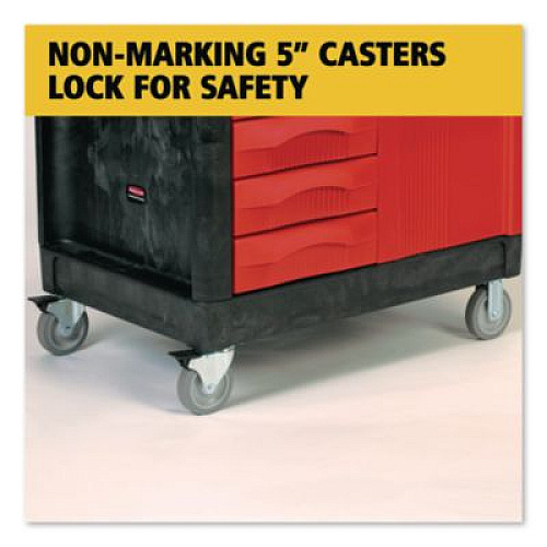 Rubbermaid Commercial TradeMaster Cart with One Door, Plastic, 3 Shelves, 4 Drawers, 750 lb Capacity, 26.25" x 49" x 38", Black (453388BLA)