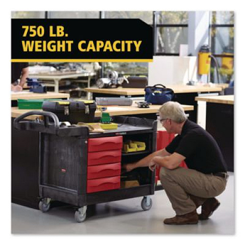 Rubbermaid Commercial TradeMaster Cart with One Door, Plastic, 3 Shelves, 4 Drawers, 750 lb Capacity, 26.25" x 49" x 38", Black (453388BLA)