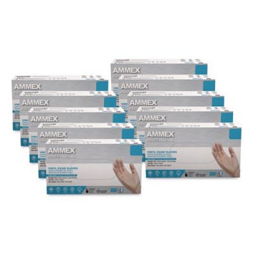 AMMEX Professional Vinyl Exam Gloves, Powder-Free, Small, 3 mil Thick, 9.5" Long, Clear, 100/Box, 10 Boxes/Carton (VPF62100T)