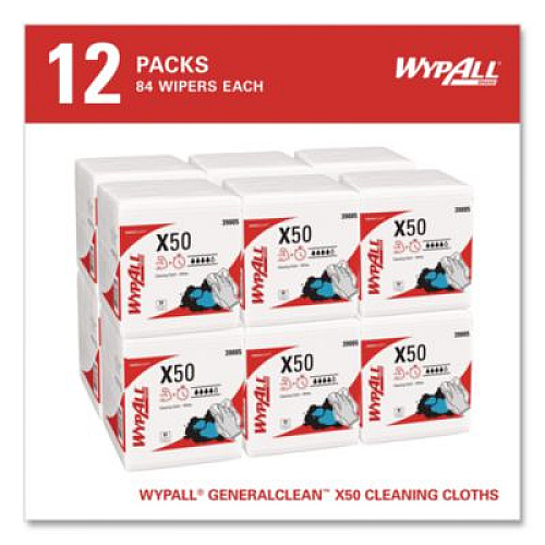 WypAll GeneralClean X50 Cleaning Cloths, 12 x 12.5, White, 84/Pack, 12 Packs/Carton (39005)