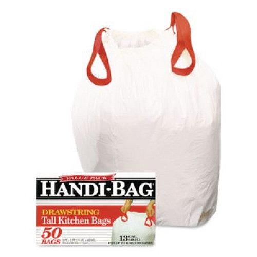 Handi-Bag Drawstring Kitchen Bags, 13 gal, 24" x 27.38", White, 50/Box (HAB6DK50)