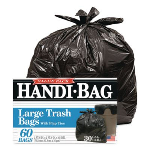 Handi-Bag Super Value Pack Can Liners, 30 gal, 0.65 mil, 30" x 33", Black, 60/Box (HAB6FT60)