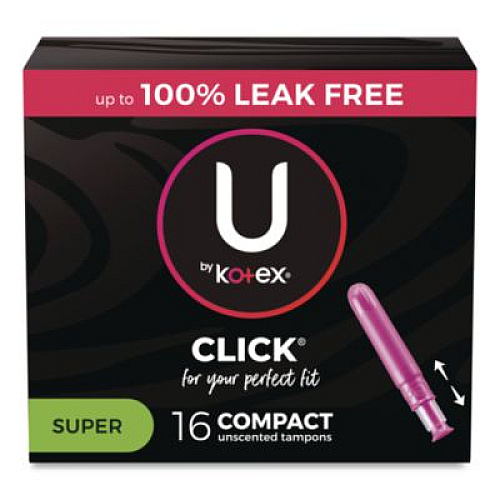 U by Kotex Click Compact Tampons, Super Absorbency, 16/Pack, 8 Packs/Carton (51581)