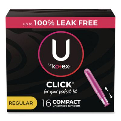 U by Kotex Click Compact Tampons, Regular Absorbency, 16/Pack, 8 Packs/Carton (53445)