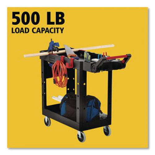 Rubbermaid Commercial Heavy Duty Adaptable Utility Cart, Plastic, 2 Shelves, 500 lb Capacity, 17.8" x 46.2" x 36", Black (1997206)