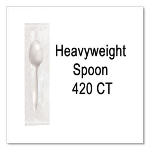 Berkley Square Elegant Dinnerware Heavyweight Cutlery, Individually Wrapped, Spoon, Plastic, White, 420/Box (90187)