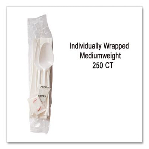Berkley Square Mediumweight Cutlery Kit, Fork/Knife/Napkin/Pepper/Salt/Spoon, Plastic, White, 250/Carton (1171241)