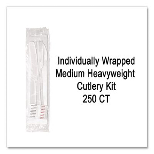 Berkley Square Medium Heavyweight Cutlery Kit, Fork/Knife/Napkin/Pepper/Salt/Spoon, Plastic, White, 250/Carton (1181239)
