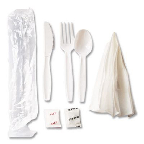 Berkley Square Medium Heavyweight Cutlery Kit, Fork/Knife/Napkin/Pepper/Salt/Spoon, Plastic, White, 250/Carton (1181239)
