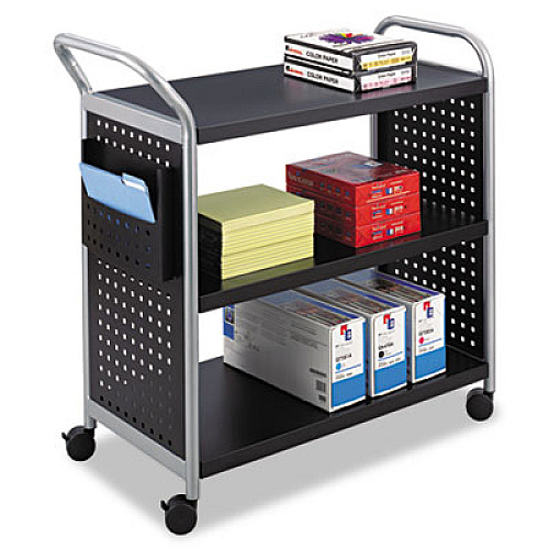 Safco Scoot Three Shelf Utility Cart, Metal, 3 Shelves, 1 Bin, 300 lb Capacity, 31" x 18" x 38", Black/Silver (5339BL)