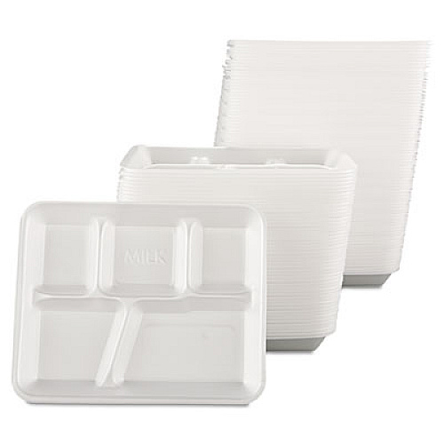 Genpak FOAM SCHOOL TRAYS, 5-COMPARTMENT, 8.4 X 10.4 X 1.25, WHITE, 500/CARTON (10500)