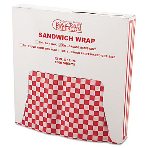 Bagcraft Grease-Resistant Paper Wraps and Liners, 12 x 12, Red Check, 1,000/Box, 5 Boxes/Carton (057700)