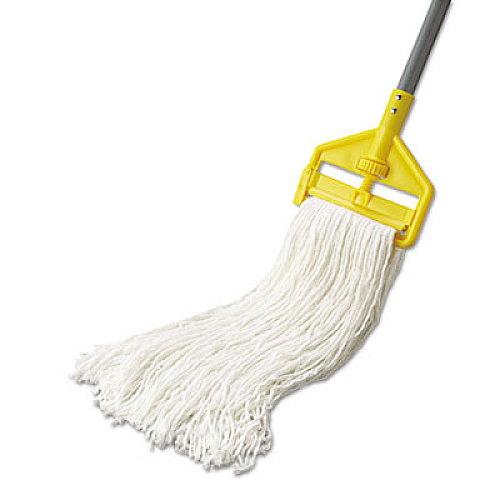 Rubbermaid Commercial Non-Launderable Economy Cut-End Rayon Mop Head, 24 oz, 1" Band, White, 12/Carton (V418)
