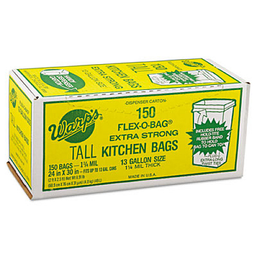 Warp's INDUSTRIAL STRENGTH FLEX-O-BAGS TRASH CAN LINERS, 13 GAL, 1.25 MIL, 24" X 30", WHITE (FB13150)